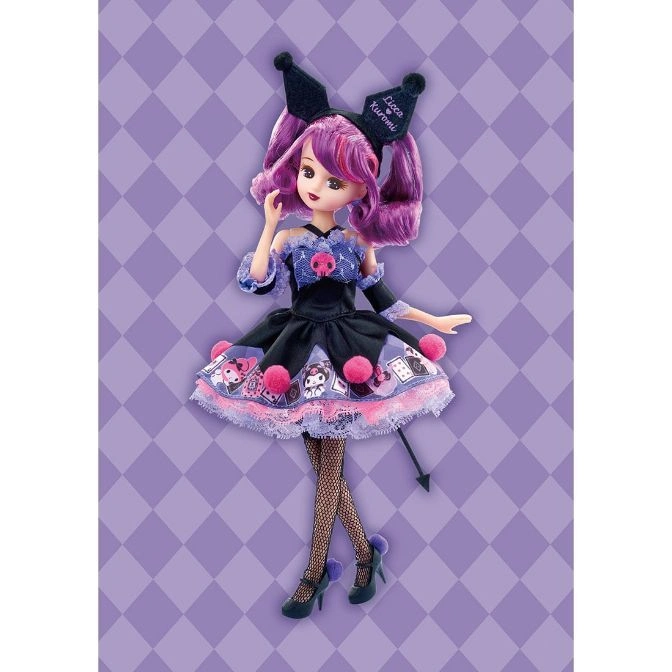  Kuromi doll with purple hair, black dress with pink pom-poms, and matching heels.