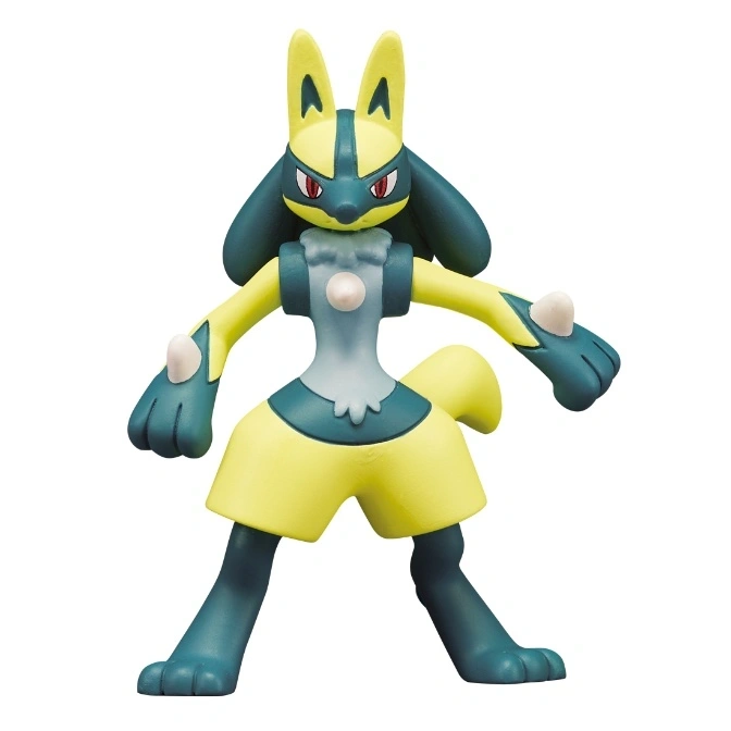 Lucario toy figure with yellow and blue coloring in a standing pose.