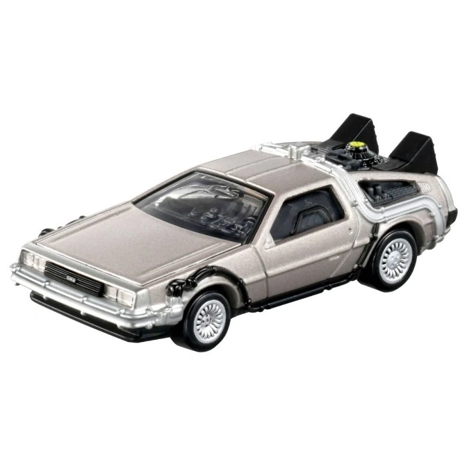 Silver toy DeLorean time machine with flux capacitor and gull-wing doors.