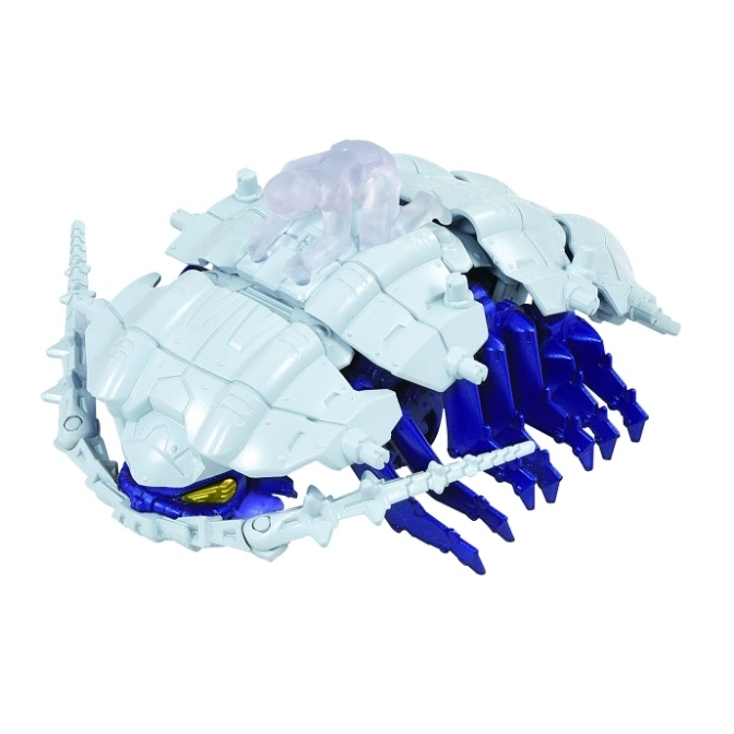  White and blue centipede Transformer toy with translucent figure on top.