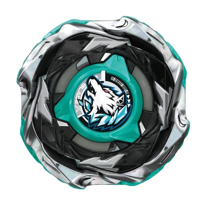  Beyblade toy with a wolf emblem, silver and black design, and a teal center.