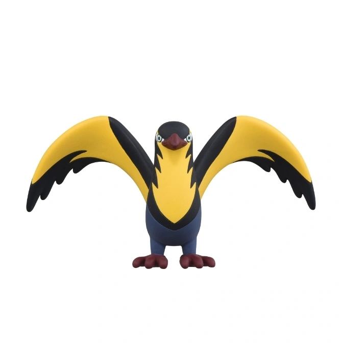 Talonflame toy with yellow and black wings outstretched, standing on red feet.