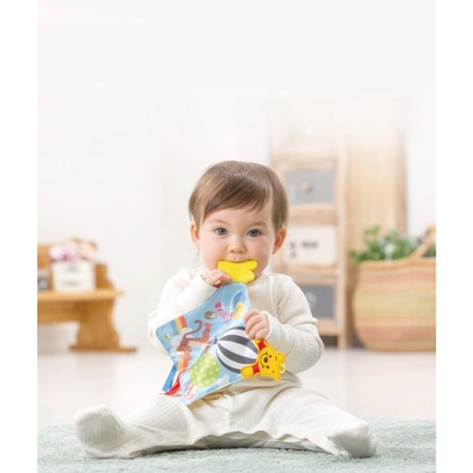  Baby chewing on a Winnie the Pooh sensory toy with tags and a teether.