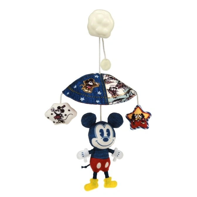 Mickey Mouse baby mobile with plush Mickey, star, and cloud toys hanging from a patchwork canopy.