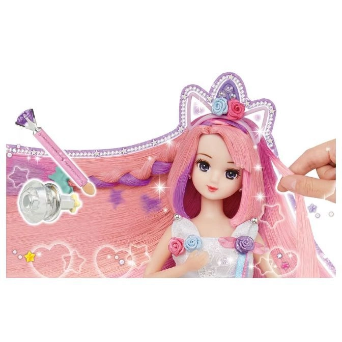  Stylized doll with pink hair, tiara, and dress, with hair styling accessories and hand styling hair.