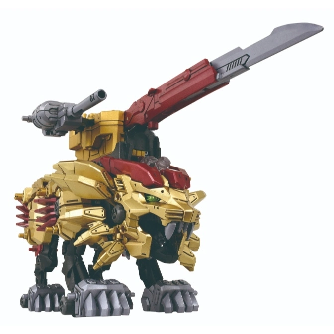 Gold Zoid toy lion with red accents, a cannon, and a large blade.