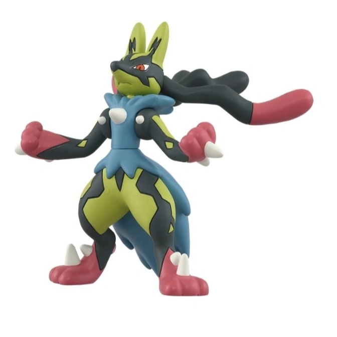  Mega Lucario toy figure with blue torso, black fur, and red paws in a fighting stance.