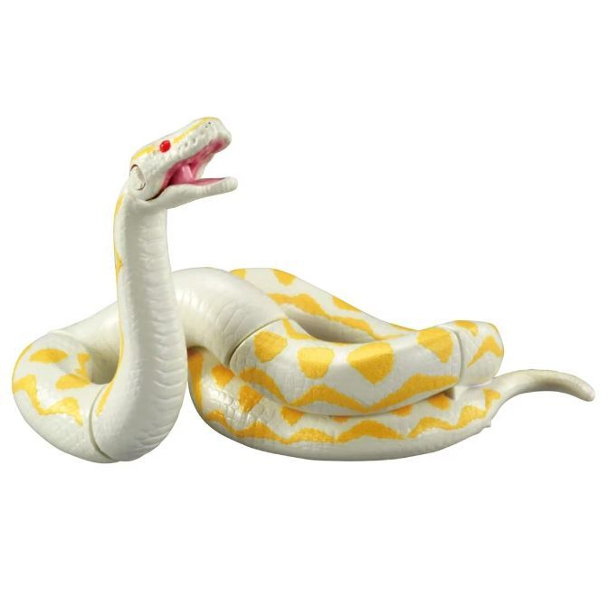  Albino python toy with yellow spots, mouth open.