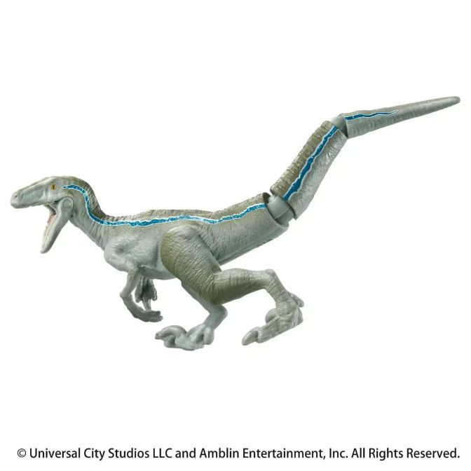  Blue the velociraptor toy figure with blue stripe, in a running pose.