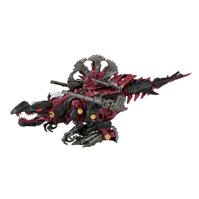 Maroon and black dinosaur Zoid toy with weapons and saw blades.