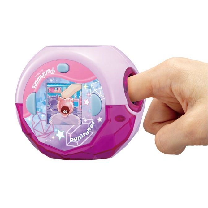  Pink Punirunes toy with a finger inserted, displaying a cartoon character on screen.