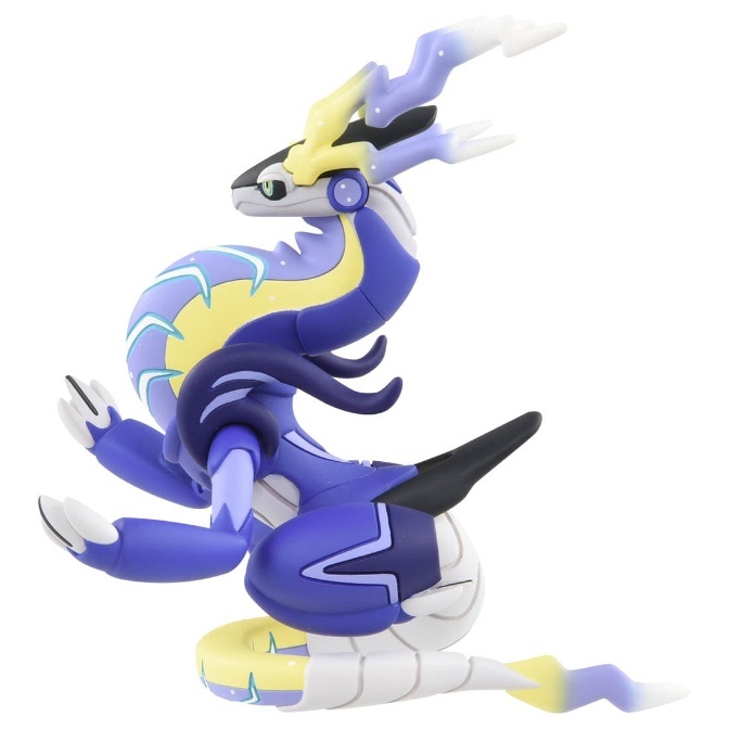 Miraidon toy figure with blue and yellow accents, posed in a dynamic stance.