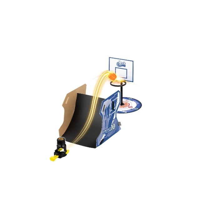  Bottle cap launcher toy with ramp, basketball hoop, and bottle cap mid-air.