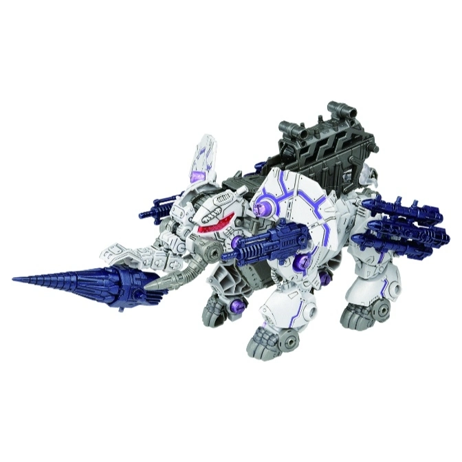  White Zoid toy with drill trunk, purple accents, and multiple gun attachments.