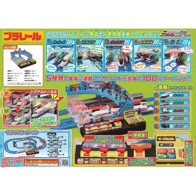  Plarail train station playset with multiple levels, trains, and sound effects. Features include a signal tunnel and control panel.