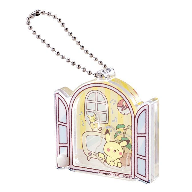 Pikachu window keychain with TV and plant. Ball chain.