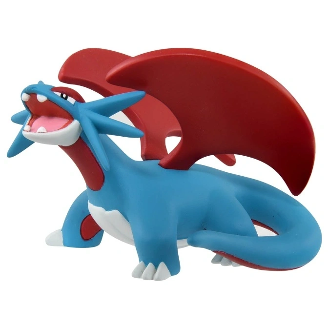 Blue Salamence toy with red wings and accents, mouth open.