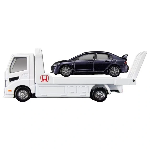  Toy tow truck carrying a dark purple Honda Civic model car on its flatbed.