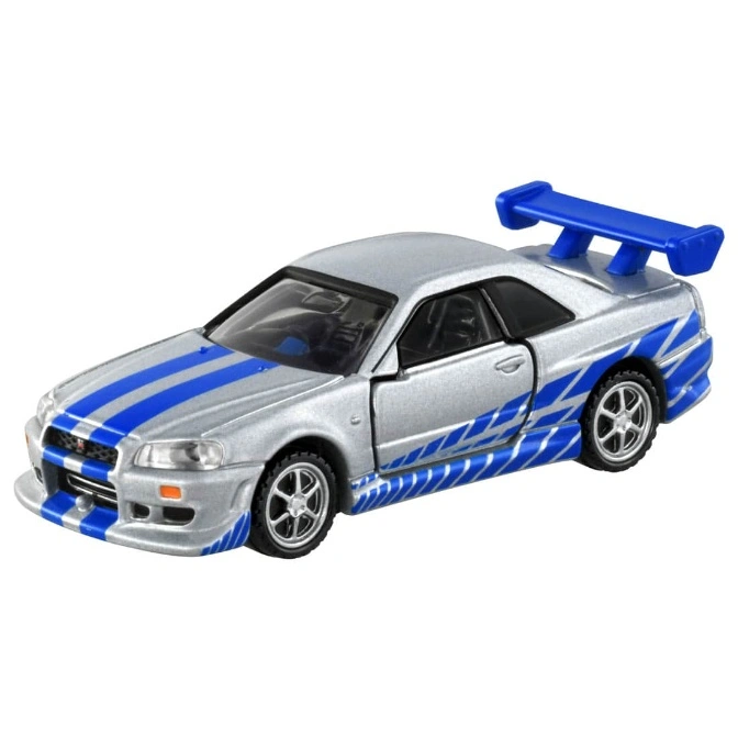 Silver toy car with blue stripes and spoiler.
