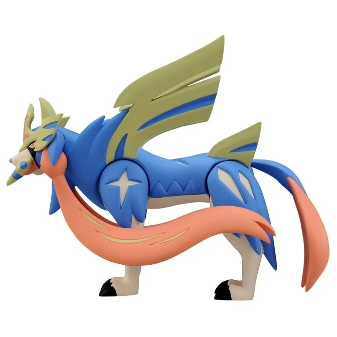  Blue and peach Zacian Pokémon toy figure with green accents.