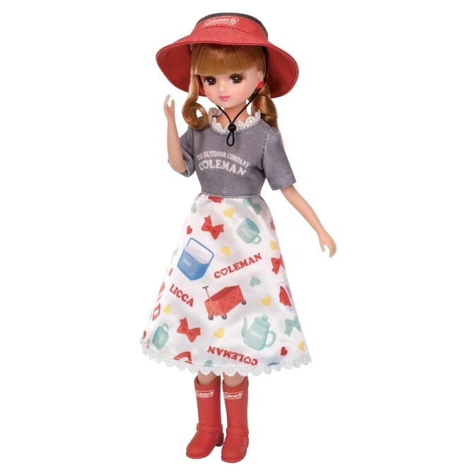  Coleman Licca doll in sun hat, logo tee, patterned skirt, and red boots.