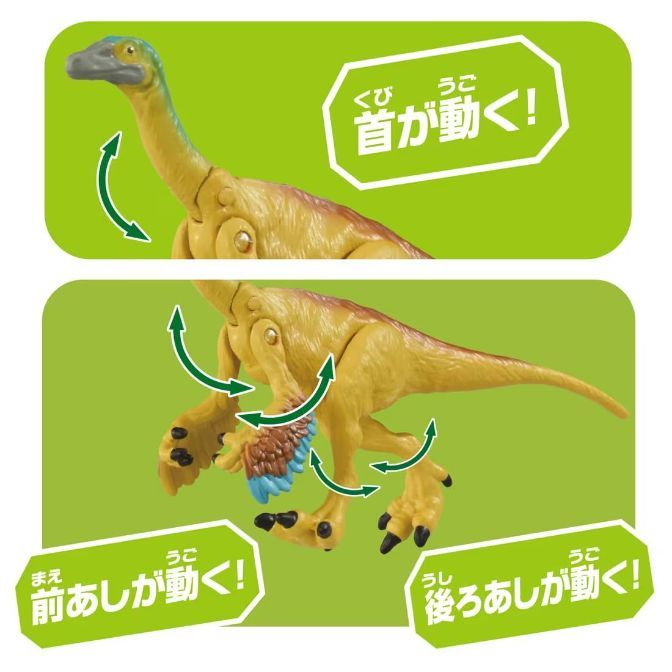  Toy dinosaur with movable neck, front, and back legs, shown in different poses to highlight articulation.