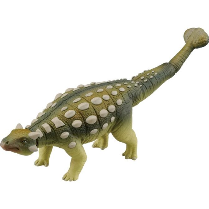Ankylosaurus toy with a club tail, green and tan color, and bumpy armor.
