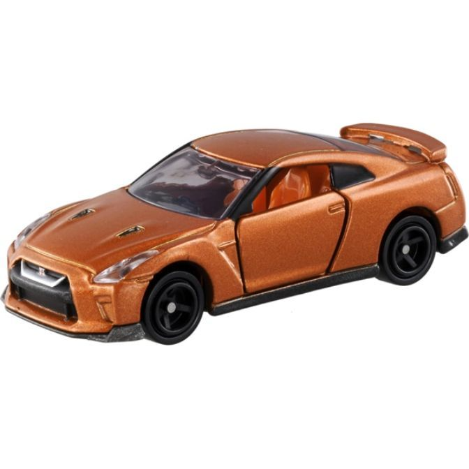 Orange toy Nissan GT-R with black wheels and spoiler.