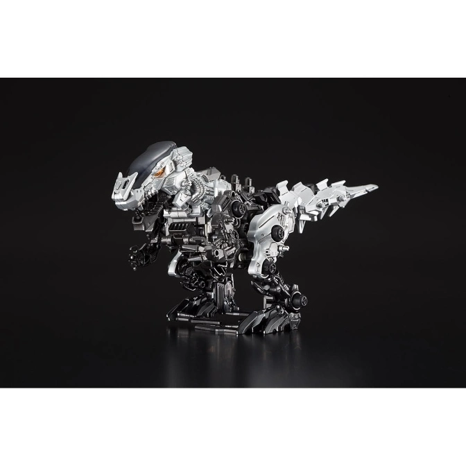  Silver and black dinosaur robot toy with intricate mechanical details, standing on a black surface.