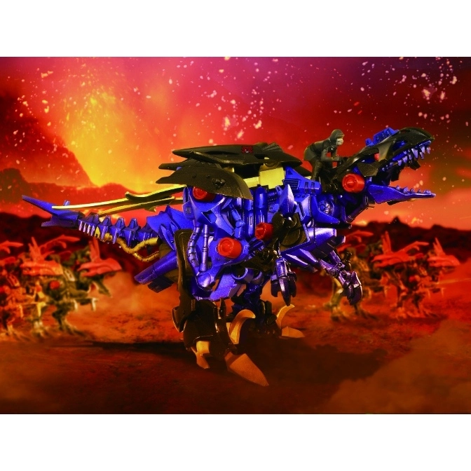  Blue Zoid dinosaur toy with black armor and a figure riding on its back, set against a fiery landscape.