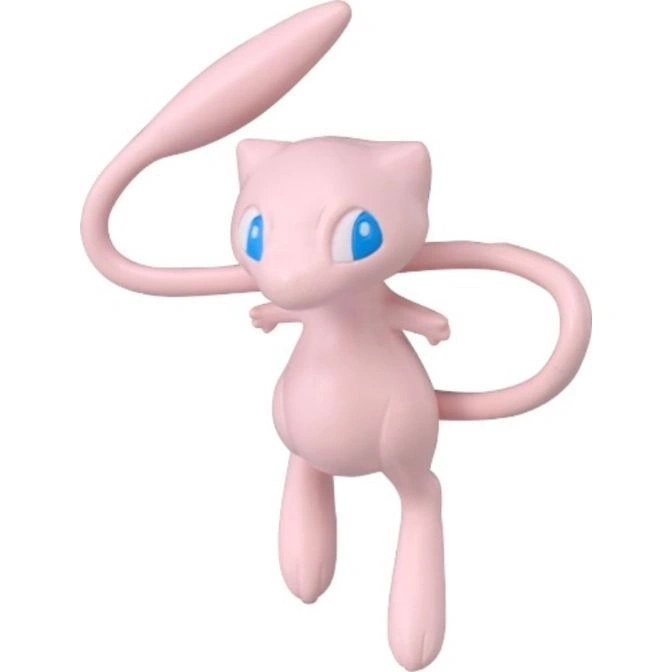 Pink Mew toy with blue eyes and a long tail.