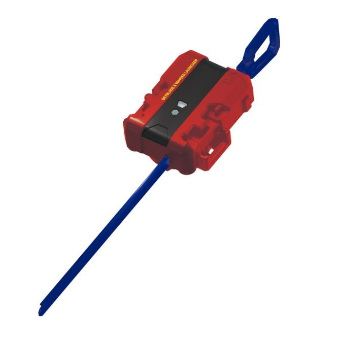  Red Beyblade X launcher with blue grip and ripcord.
