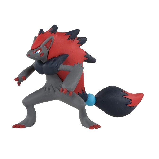 Zoroark toy figure with red and grey fur, standing in a dynamic pose.