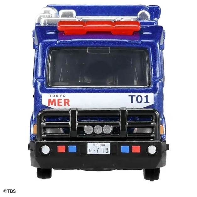  Blue toy fire truck with red light bar, "TOKYO MER T01" on front, and black bumper.