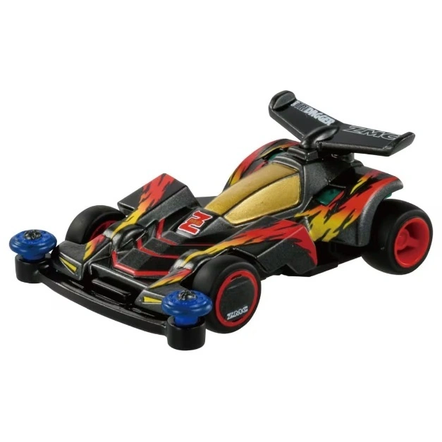 Black toy race car with red and yellow flame decals, blue wheels, and a rear spoiler.