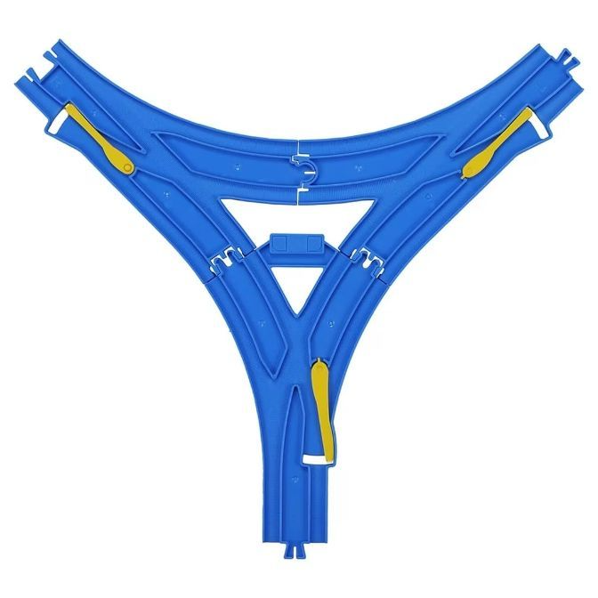 A blue Y-shaped toy train track with yellow switches.