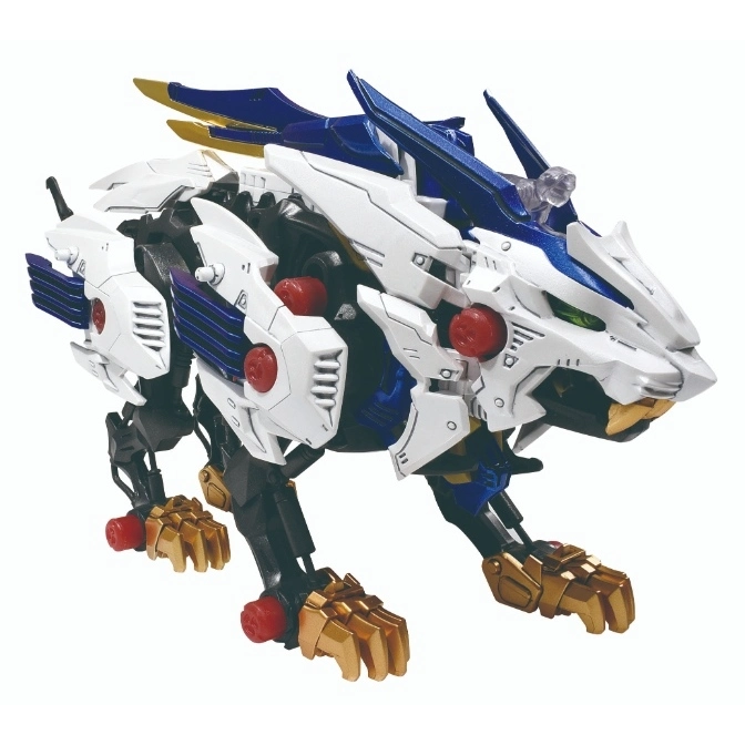 Zoids Liger Zero toy: white, blue, and gold mechanical lion with red accents.
