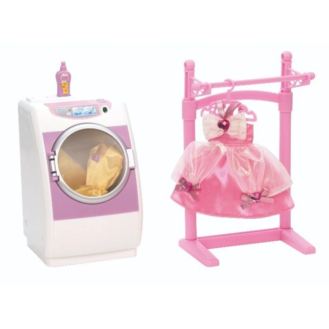  Toy washing machine with dress on a rack. The machine has a bottle on top and clothes inside.