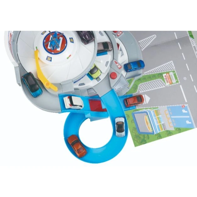  Toy car garage with multiple levels, ramps, and toy cars. Includes a helipad and parking spaces.
