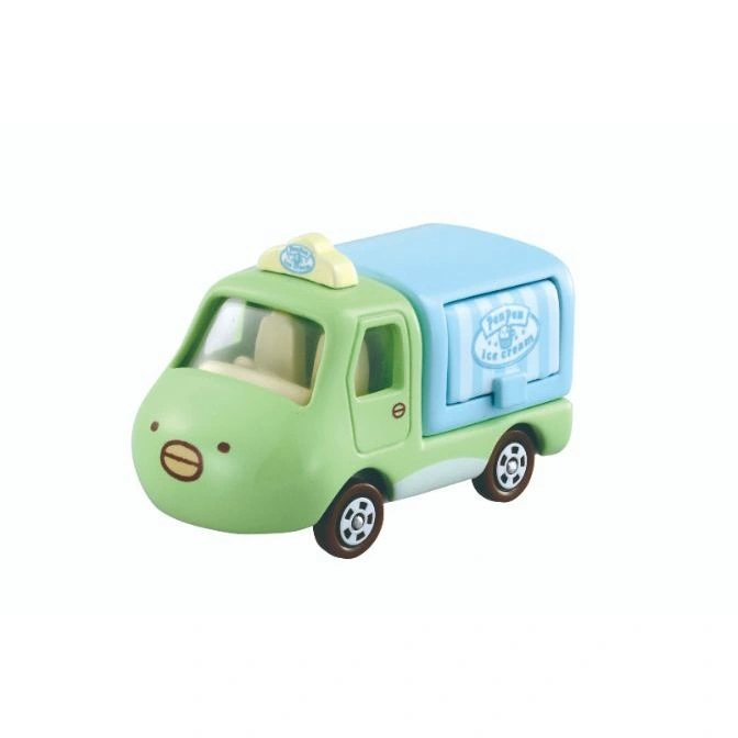 Green and blue toy ice cream truck with cartoon face and "Pen Pen Ice Cream" logo.