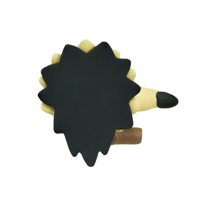  Cartoon hedgehog toy with black spikes, tan body, brown legs, and black nose.