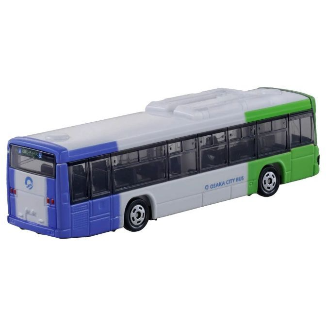  Osaka City Bus toy model, blue front, white middle, green rear.