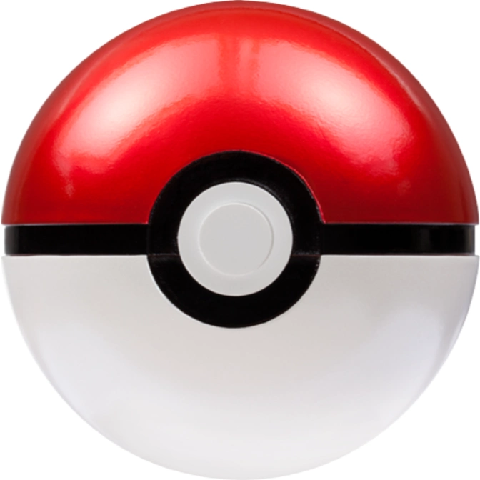 Red and white Poké Ball toy with a black stripe and white button.