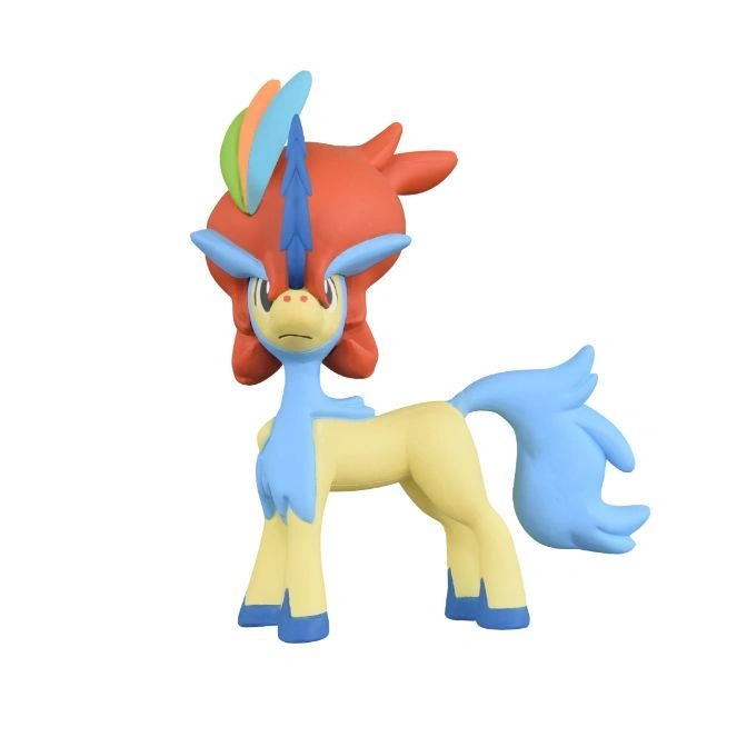 Keldeo toy figure with red mane, yellow body, and blue accents.