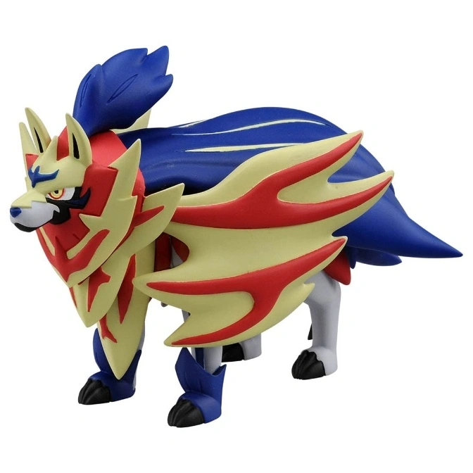 Zacian toy figure with shield, blue cape, and wolf-like features.