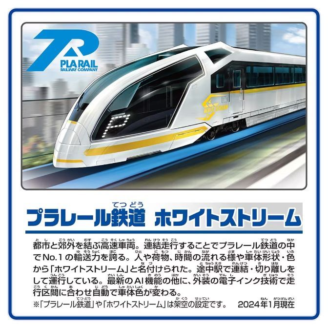  A product image of the Plarail Railway White Stream train set. The train is white with a yellow stripe and a large "P" on the front. The packaging has the Plarail logo and Japanese text.
