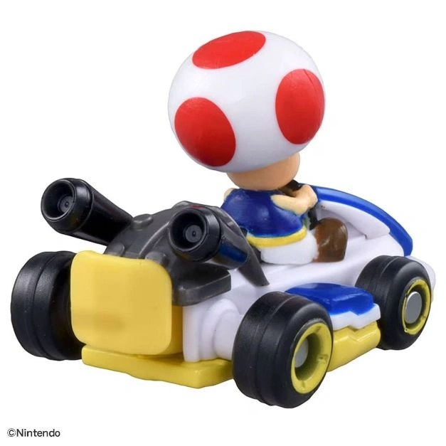  Toad in a Mario Kart toy car with black tires, yellow accents, and a white body.