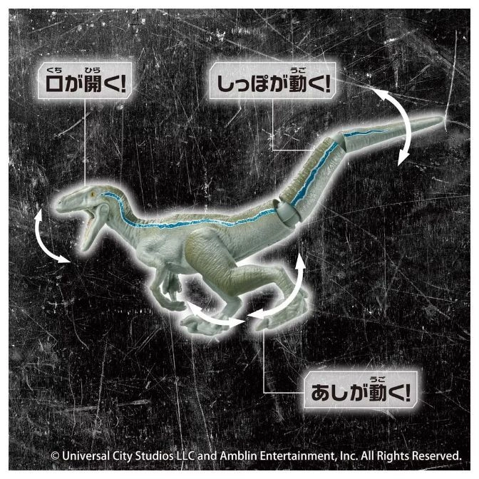  Blue raptor toy with articulated jaw, tail, and legs, demonstrating its movable parts.