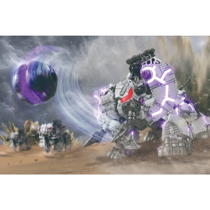  White robotic dinosaur toy with purple energy shield and cannon, standing in a desert landscape with other dinosaurs.