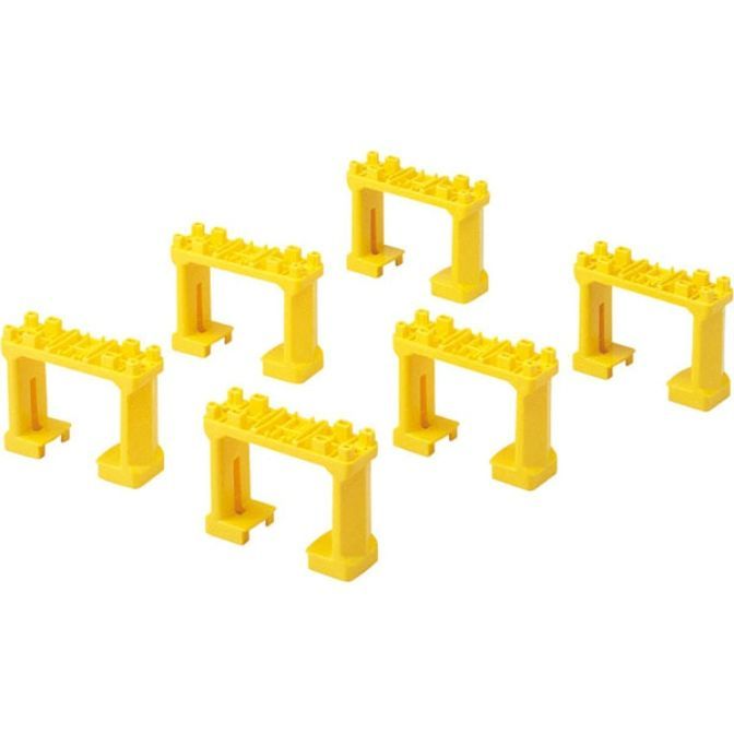 Six yellow toy bridges are arranged on a white background.